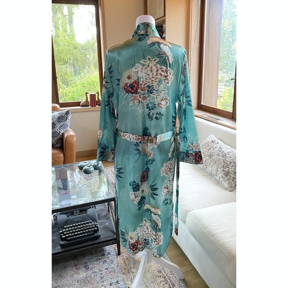 Floral Green Print Long Kimono Jacket Coat Women's - Picture 13 of 16